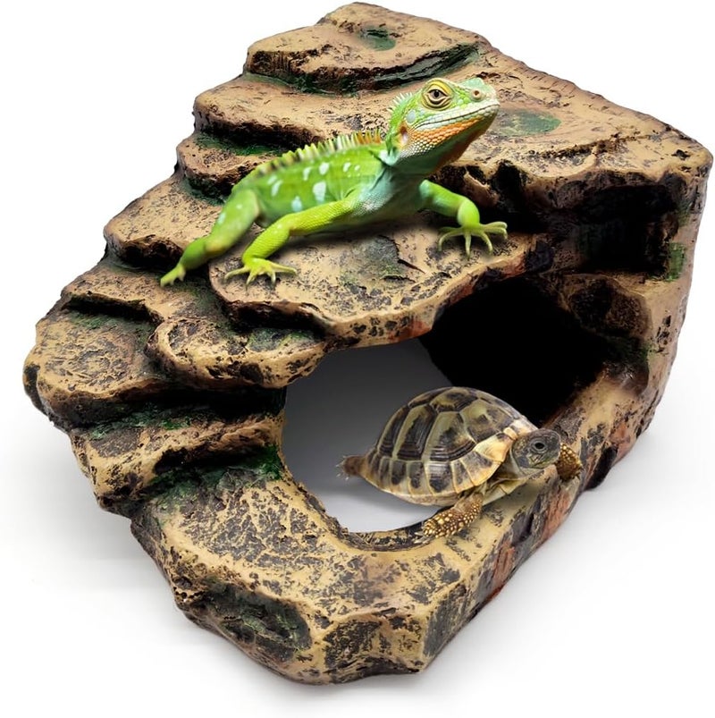 GOZILLA Small Reptile Accessories for Tank, Basking Platform Hideout, Bearded Dragon Hide and Cave Decor for Small Turtle,Snake and Lizard.(Brown-S) - Image 1